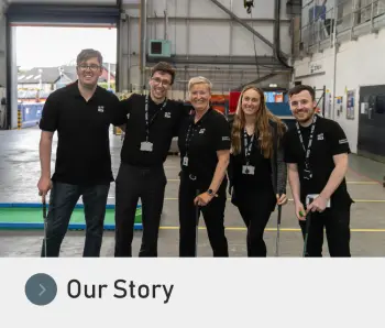 A team photo of IKM Testing UK employees with an Our Story button underneath 