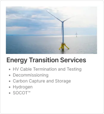 Energy Transition Service button with a bullet pointed service list including HV Cable Termination and Testing, Decommissioning, Carbon Capture and Storage, Hydrogen and SOCOT