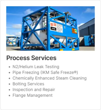 Process Services button with the services bullet pointed including N2/Helium Leak Testing, Pipe Freezing (IKM Safe Freeze), Chemically Enhanced Steam Cleaning, Bolting Services, Inspection and repair and flange management