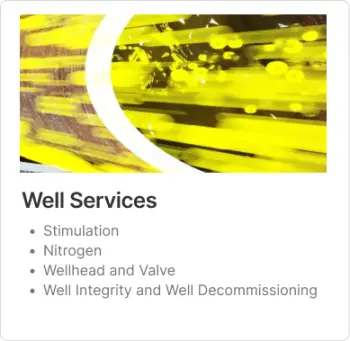 Well Services button with the services bullet pointed including well stimulation, Nitrogen, Wellhead and valve, well integrity and well decommissioning